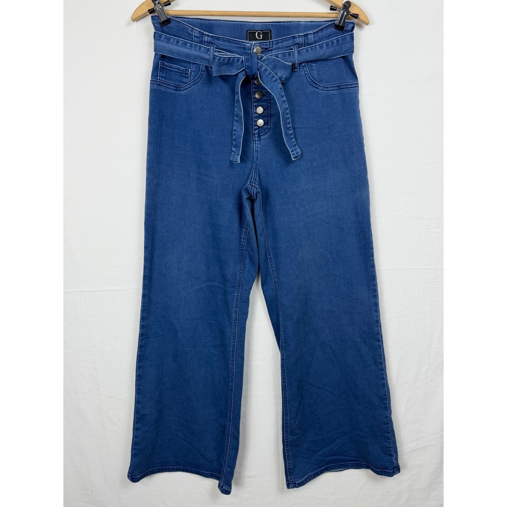 G by Giuliana Women Jeans 10 Blue Wide Leg High Rise Button Fly Tie Waist